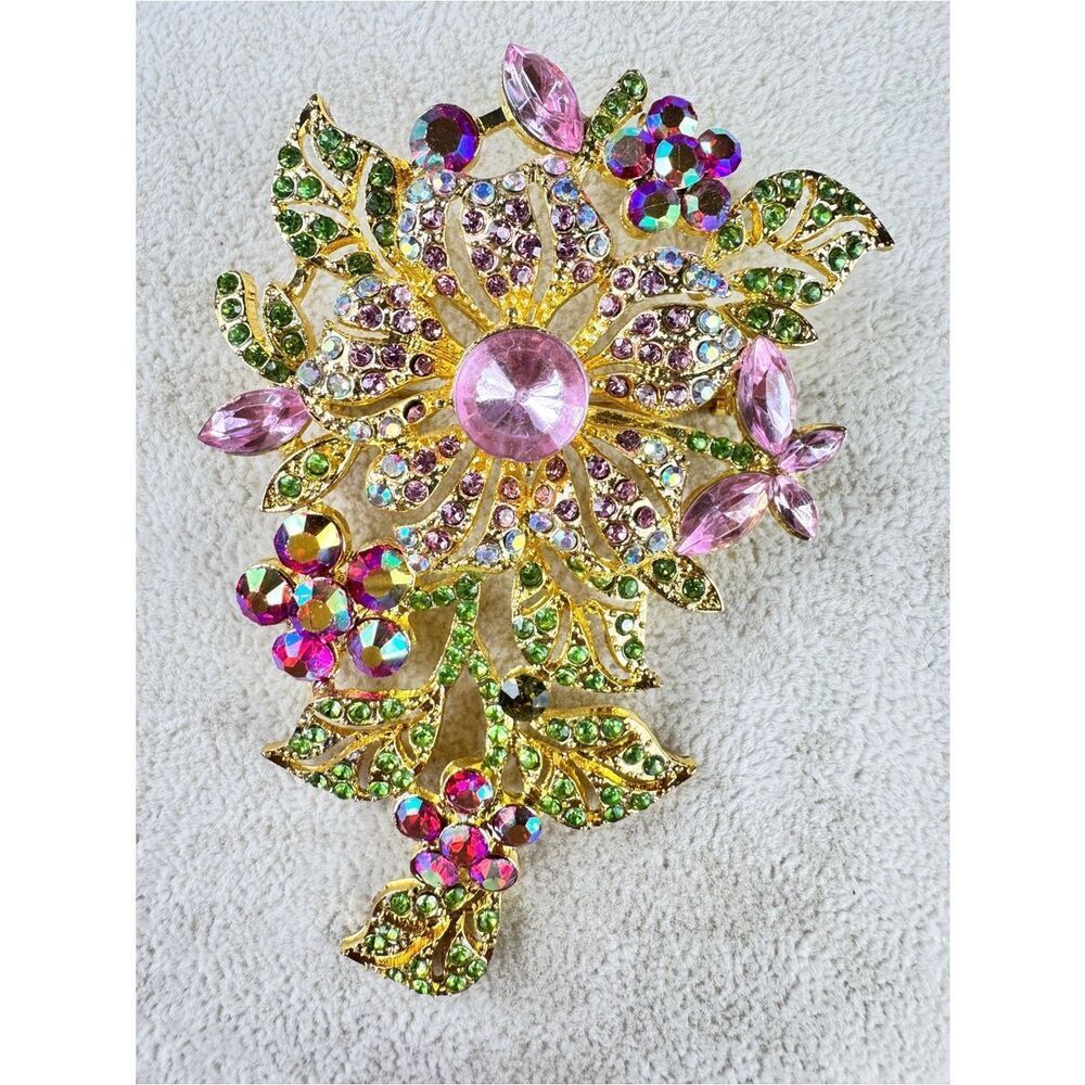Vintage Gold Floral Brooch with Pink, Green & Iridescent Crystals - Picture 2 of 7